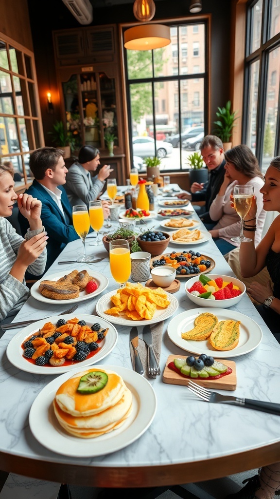 A lively brunch scene in NYC with pancakes, avocado toast, and fruit.